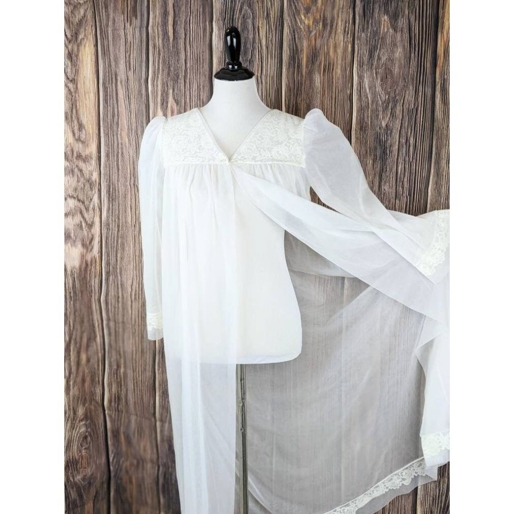 Vtg 1950's Sexy Women's White Sheer Negligee Robe | Nylon Sheer Lace Duster Sz S